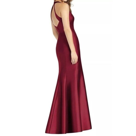Alfred Sung Burgundy Satin Halter Formal Gown Size 14 V Neck Party $239 D761 - Picture 3 of 5